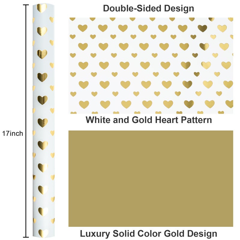 Yarcony Wedding Wrapping Paper Roll, Heart Gift Wrapping Paper, Elegant Golden Heart Design Valentines Gift Wrap for Birthday, Anniversary, Engagement, Valentine's Day, Bridal Shower(17 Inch X 33 Feet) - Image 3