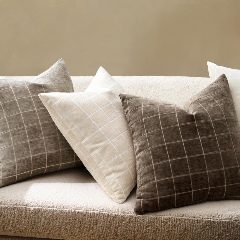 MIULEE Decorative Chenille Check Euro Shams Throw Pillow Covers Vintage Plaid Couch Pillows 24x24 Inch Set of 2 Neutral Boho Farmhouse Cushion Covers Modern Home Decor for Sofa Bed Living Room Brown - Image 3