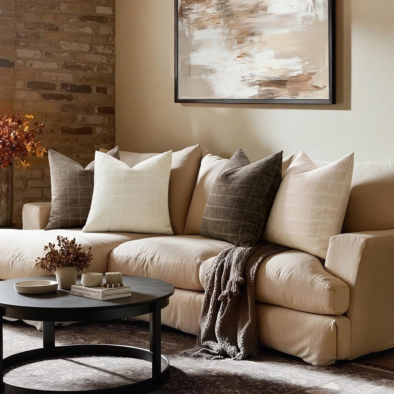 MIULEE Decorative Chenille Check Euro Shams Throw Pillow Covers Vintage Plaid Couch Pillows 24x24 Inch Set of 2 Neutral Boho Farmhouse Cushion Covers Modern Home Decor for Sofa Bed Living Room Brown - Image 5