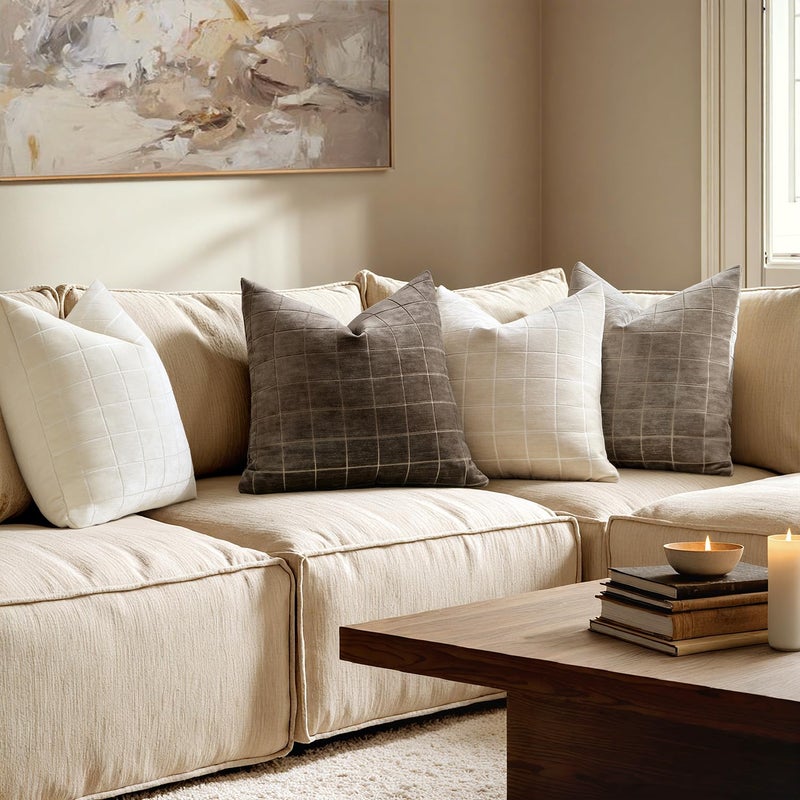 MIULEE Decorative Chenille Check Euro Shams Throw Pillow Covers Vintage Plaid Couch Pillows 24x24 Inch Set of 2 Neutral Boho Farmhouse Cushion Covers Modern Home Decor for Sofa Bed Living Room Brown - Image 4