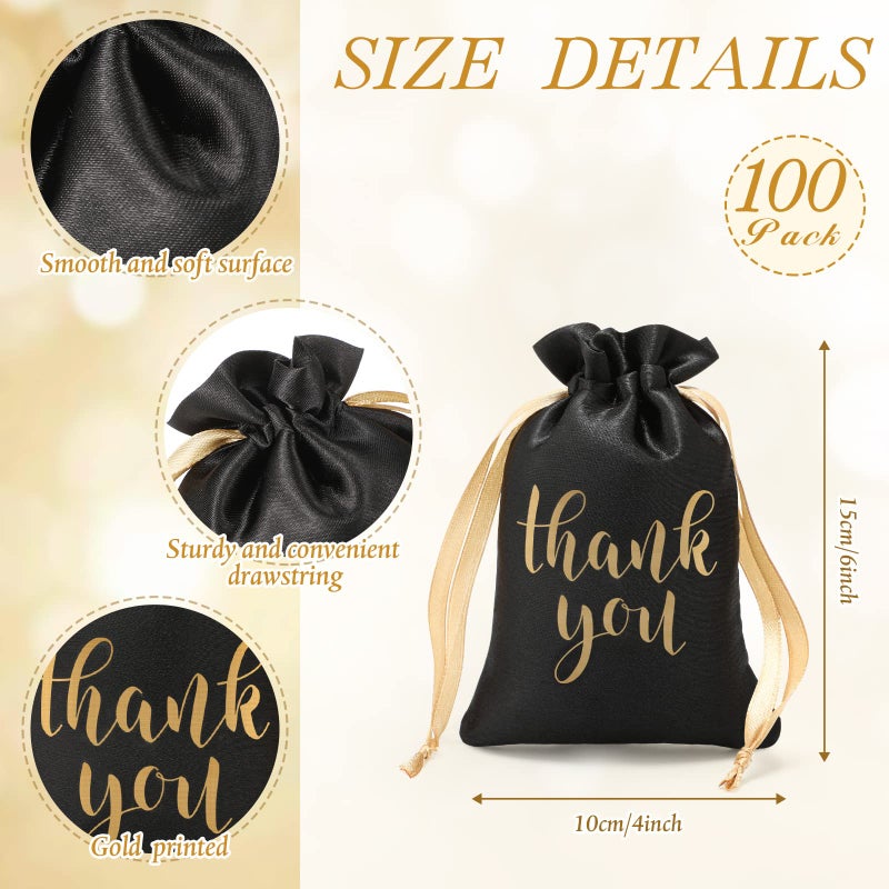 Roowest 100 Pcs Thank You Satin Gift Bags Drawstring Jewelry Candy Pouches for Wedding Bridal Shower Baby Shower Favor Drawstring Bag for Birthday Holiday Party(4 x 6 Inch,Black) - Image 2