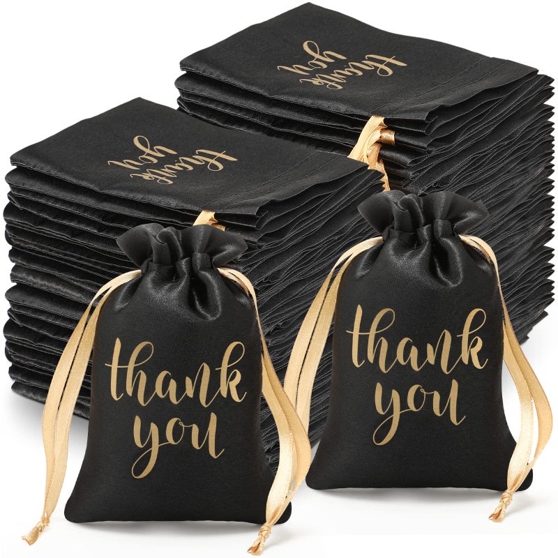 Roowest 100 Pcs Thank You Satin Gift Bags Drawstring Jewelry Candy Pouches for Wedding Bridal Shower Baby Shower Favor Drawstring Bag for Birthday Holiday Party(4 x 6 Inch,Black) - Image 1