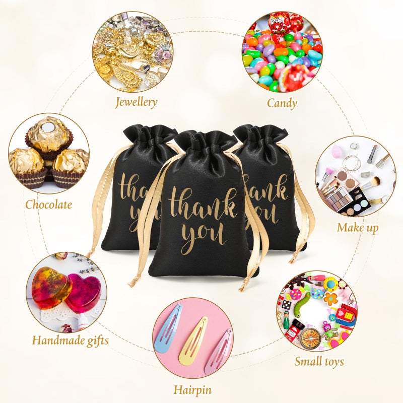 Roowest 100 Pcs Thank You Satin Gift Bags Drawstring Jewelry Candy Pouches for Wedding Bridal Shower Baby Shower Favor Drawstring Bag for Birthday Holiday Party(4 x 6 Inch,Black) - Image 3