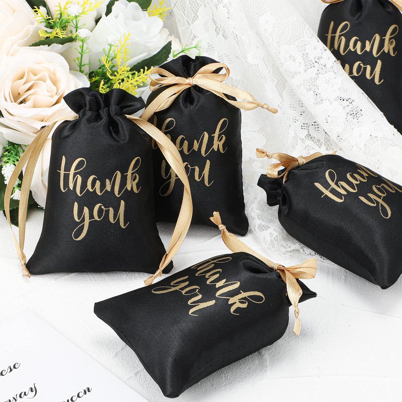 Roowest 100 Pcs Thank You Satin Gift Bags Drawstring Jewelry Candy Pouches for Wedding Bridal Shower Baby Shower Favor Drawstring Bag for Birthday Holiday Party(4 x 6 Inch,Black) - Image 4
