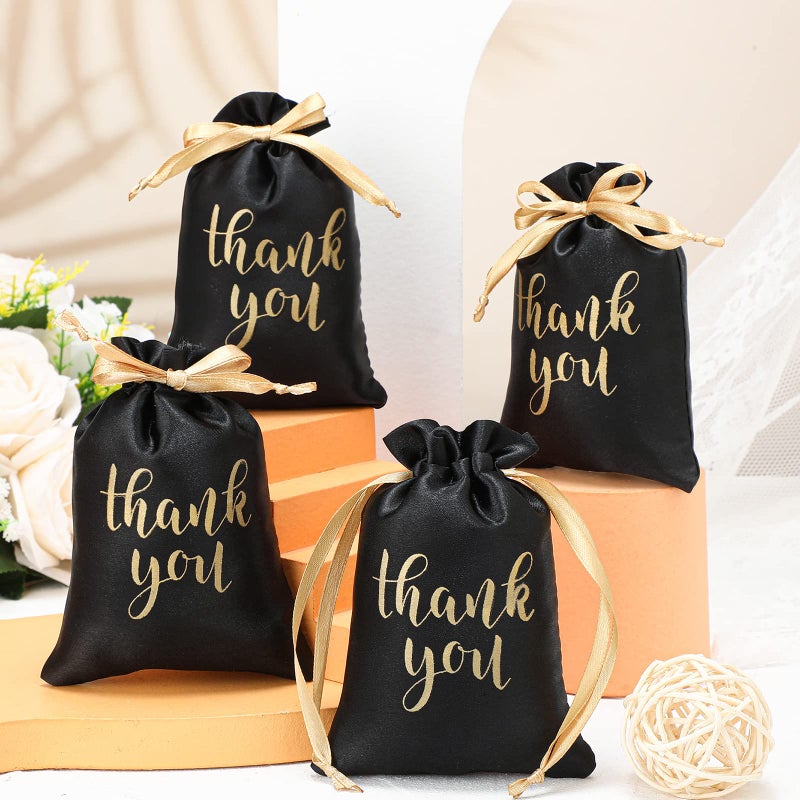 Roowest 100 Pcs Thank You Satin Gift Bags Drawstring Jewelry Candy Pouches for Wedding Bridal Shower Baby Shower Favor Drawstring Bag for Birthday Holiday Party(4 x 6 Inch,Black) - Image 5