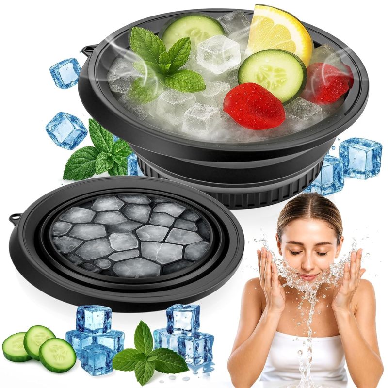 Face Ice Bowl: Black Silicone Bowl With Built-In Ice Tray - Foldable Quick Cooling Portable Bowl For Home Travel Outdoor Face Care - Image 1