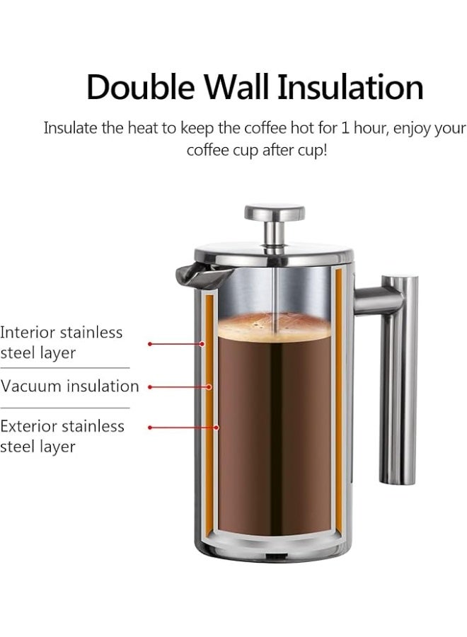 French Press Coffee Maker – Double Insulated Stainless Steel Coffee Press 350ml (3-Cup) with 3-Level Filtration System, Rust-Free & Dishwasher Safe, Espresso, Tea & Coffee Brewer (Set of 2) - Image 3