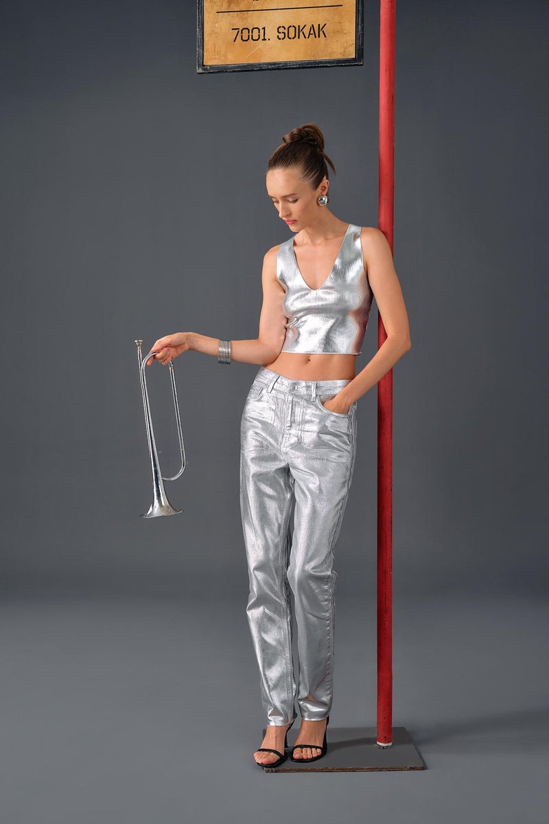 DeFacto Woman Straight Fit Normal Mold Normal Waist Metallic Jeans - Image 4