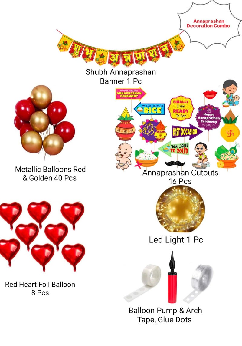 Dream Decor Annaprasanam Photo Booth Props with Annaprasanam Paper Bunting Paper Banner Hindi Font Shubh Annaprashan |Annaprashan Ceremony Decoration Kit with Red and Gold Balloons, Banner, Photo Props pack of-69 - Image 2