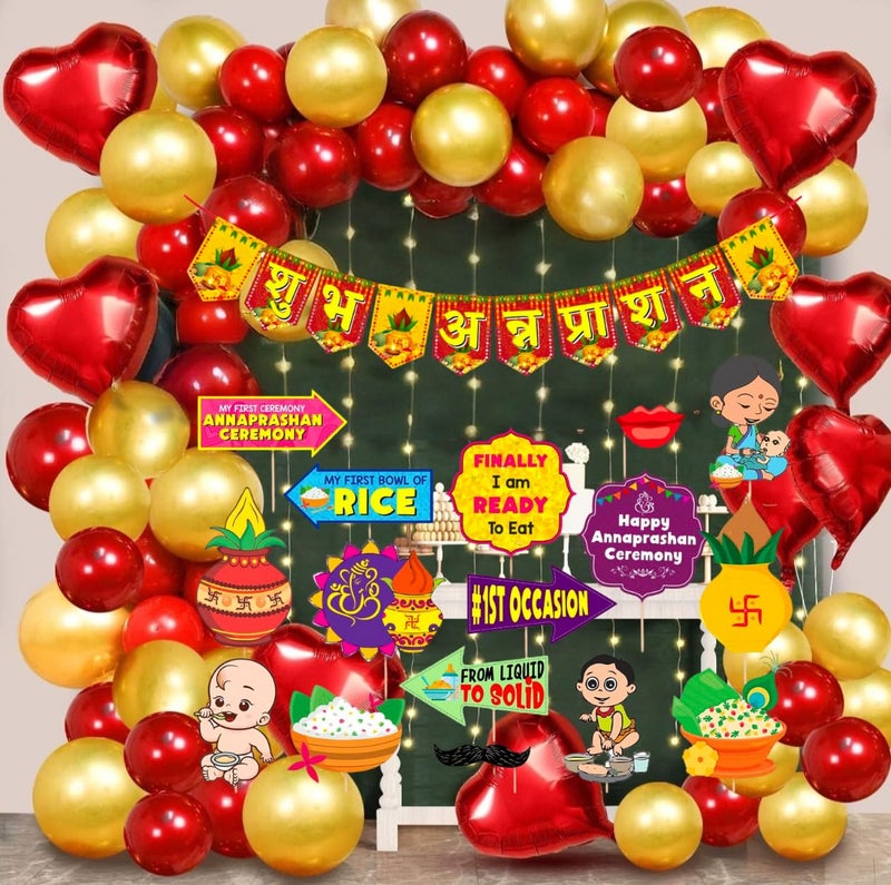 Dream Decor Annaprasanam Photo Booth Props with Annaprasanam Paper Bunting Paper Banner Hindi Font Shubh Annaprashan |Annaprashan Ceremony Decoration Kit with Red and Gold Balloons, Banner, Photo Props pack of-69 - Image 4