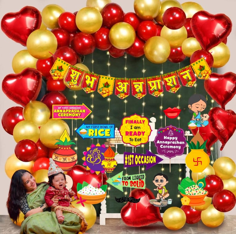 Dream Decor Annaprasanam Photo Booth Props with Annaprasanam Paper Bunting Paper Banner Hindi Font Shubh Annaprashan |Annaprashan Ceremony Decoration Kit with Red and Gold Balloons, Banner, Photo Props pack of-69 - Image 1