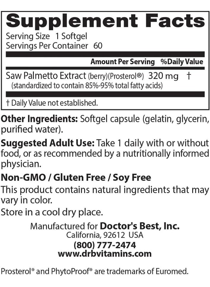 Doctor's BEST Saw Palmetto 320 mg with Prosterol® – 60 Softgels | Non‑GMO, Gluten‑Free, Vegan | Prostate, Urinary & Hair Support - Image 2