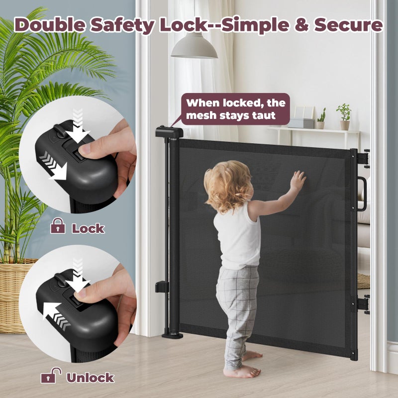 Cideny Retractable Baby Gate for Stairs, 55" Wide Mesh Dog Gate Indoor, 34" Tall Child Gate for Doorways, Hallways, Deck, Indoor Outdoor Pet Baby Safety Essentials for Home, Black - Image 4