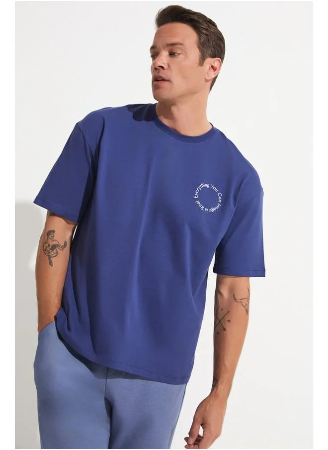 جون June Men Oversize Slogan Printed T-Shirt Indigo