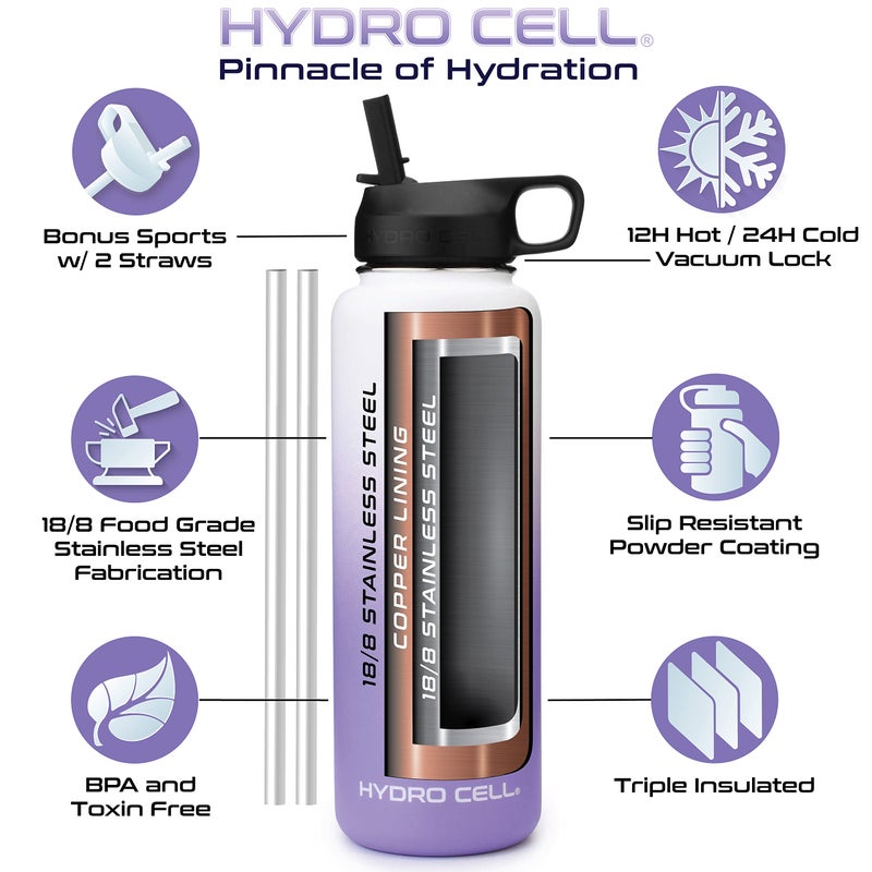 HYDRO CELL Stainless Steel Triple Insulated Water Bottle  2 Lids (64oz 40oz 32oz 24oz 18oz 14oz) Metal Vacuum Flask with Modern Leakproof Sport Straw Design for Kids and Adults (Lavender/White 40 oz) - Image 4