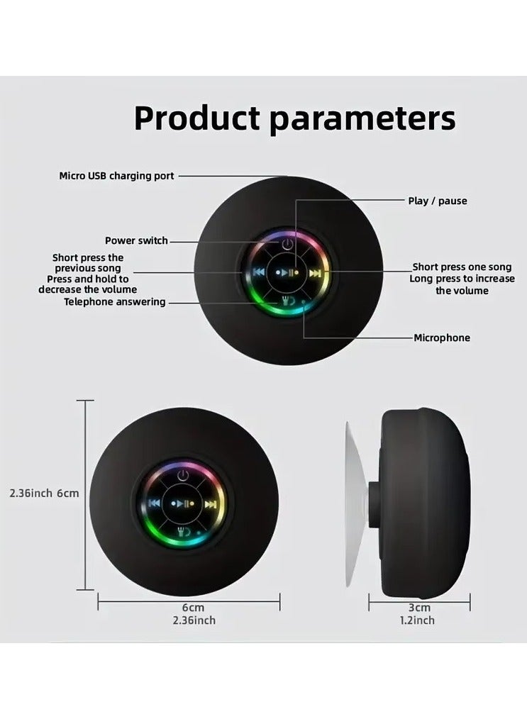 Waterproof Bluetooth Shower Speaker with Suction Cup LED Lights Mini Portable Wireless Speaker 5.0 Built-in-Mic for Bathroom Pool Kitchen & Outdoor use (Black)  - Image 2