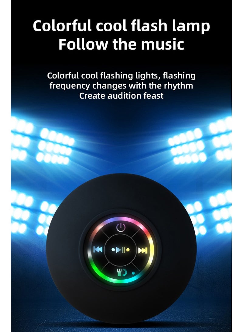 Waterproof Bluetooth Shower Speaker with Suction Cup LED Lights Mini Portable Wireless Speaker 5.0 Built-in-Mic for Bathroom Pool Kitchen & Outdoor use (Black)