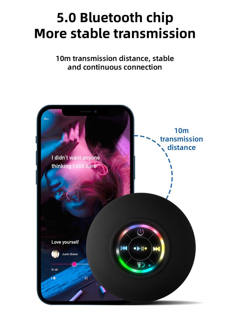 Waterproof Bluetooth Shower Speaker with Suction Cup LED Lights Mini Portable Wireless Speaker 5.0 Built-in-Mic for Bathroom Pool Kitchen & Outdoor use (Black)
