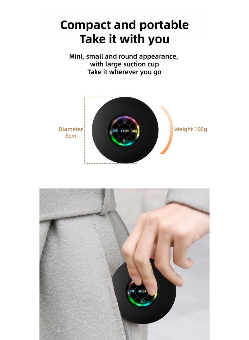 Waterproof Bluetooth Shower Speaker with Suction Cup LED Lights Mini Portable Wireless Speaker 5.0 Built-in-Mic for Bathroom Pool Kitchen & Outdoor use (Black)