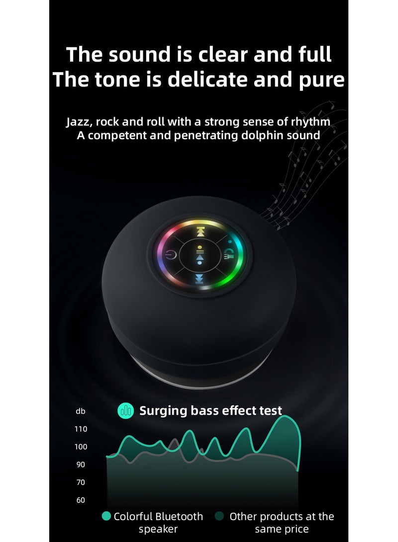 Waterproof Bluetooth Shower Speaker with Suction Cup LED Lights Mini Portable Wireless Speaker 5.0 Built-in-Mic for Bathroom Pool Kitchen & Outdoor use (Black)
