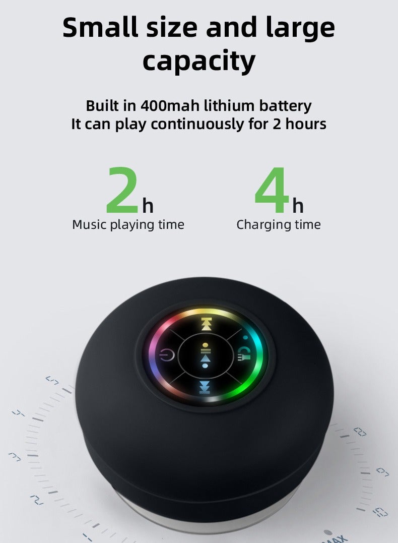 Waterproof Bluetooth Shower Speaker with Suction Cup LED Lights Mini Portable Wireless Speaker 5.0 Built-in-Mic for Bathroom Pool Kitchen & Outdoor use (Black)