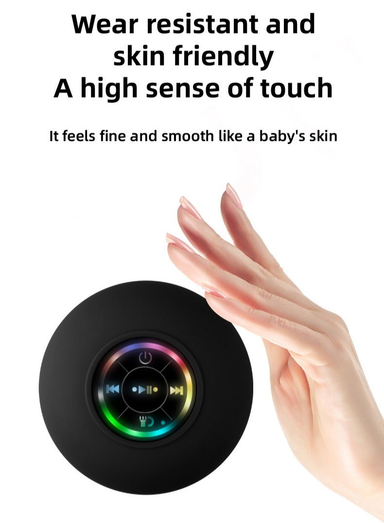 Waterproof Bluetooth Shower Speaker with Suction Cup LED Lights Mini Portable Wireless Speaker 5.0 Built-in-Mic for Bathroom Pool Kitchen & Outdoor use (Black)