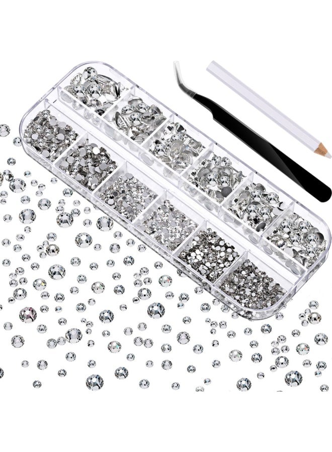 2000 Pieces Flat Back Gems Rhinestones 6 Sizes (1.5-6 Mm) Round Crystal Rhinestones with Pick up Tweezer and Rhinestones Picking Pen for Crafts Nail Clothes Shoes Bags DIY Art (Clear)  - Image 1
