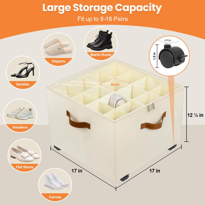 Foyego Shoe Organizer for Closet, 2 Pack Shoe Storage Organizer with Wheels and Adjustable Dividers, Stackable Shoe Storage Box with Clear Cover, Foldable Closet Shoe Organizer Fits up to 16-32 Pairs, Beige - Image 2