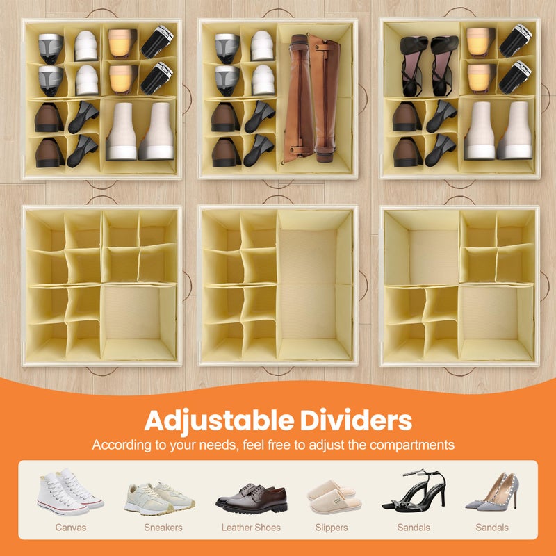 Foyego Shoe Organizer for Closet, 2 Pack Shoe Storage Organizer with Wheels and Adjustable Dividers, Stackable Shoe Storage Box with Clear Cover, Foldable Closet Shoe Organizer Fits up to 16-32 Pairs, Beige - Image 5