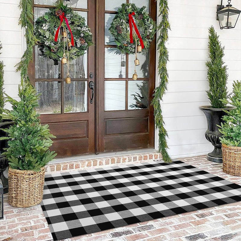 KILOCOCO 4x6 Buffalo Plaid Checkered Rug Outdoor Indoor Black and White Rugs Front Door Rug Low Pile Cotton Washable Front Porch Rugs Layered Doormats for Living Room Bedroom Kitchen Farmhouse Entry
