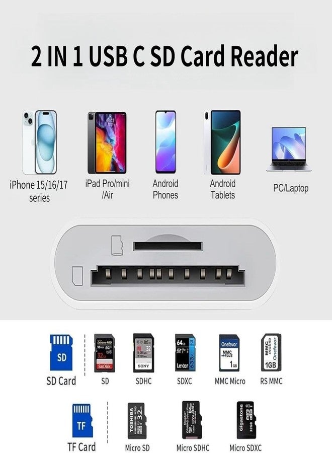 قارئ بطاقات SD من نوع USB-C، قارئ بطاقات ذاكرة من النوع C، عارض كاميرات المراقبة بفتحتين، محول USB-C إلى بطاقة SD لأجهزة iPhone 17/16/15، وiPad، وMacBook Pro/Air، وغيرها من الأجهزة من النوع C، سهل الاستخدام (التوصيل والتشغيل). - Image 2