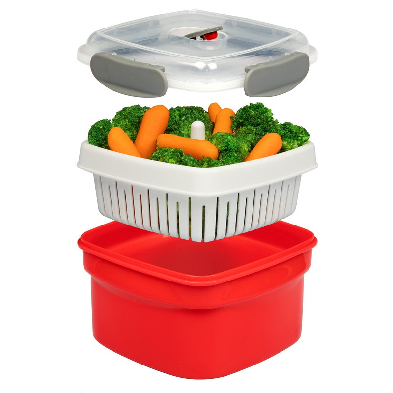 Microwave Cookware Steamer 3 Piece Microwave Cooker w Food Container Removable Strainer and Locking Steam Vent Lid BPA Free Fridge and Freezer Safe  13 Liters 6x6x4 Inches