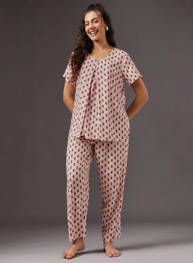 كلوفيا طقم بلوزة رضاعة بطبعة زهور وبنطال بيجاما