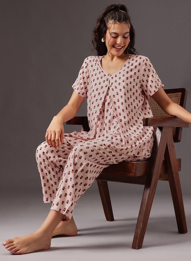 كلوفيا طقم بلوزة رضاعة بطبعة زهور وبنطال بيجاما - Image 2