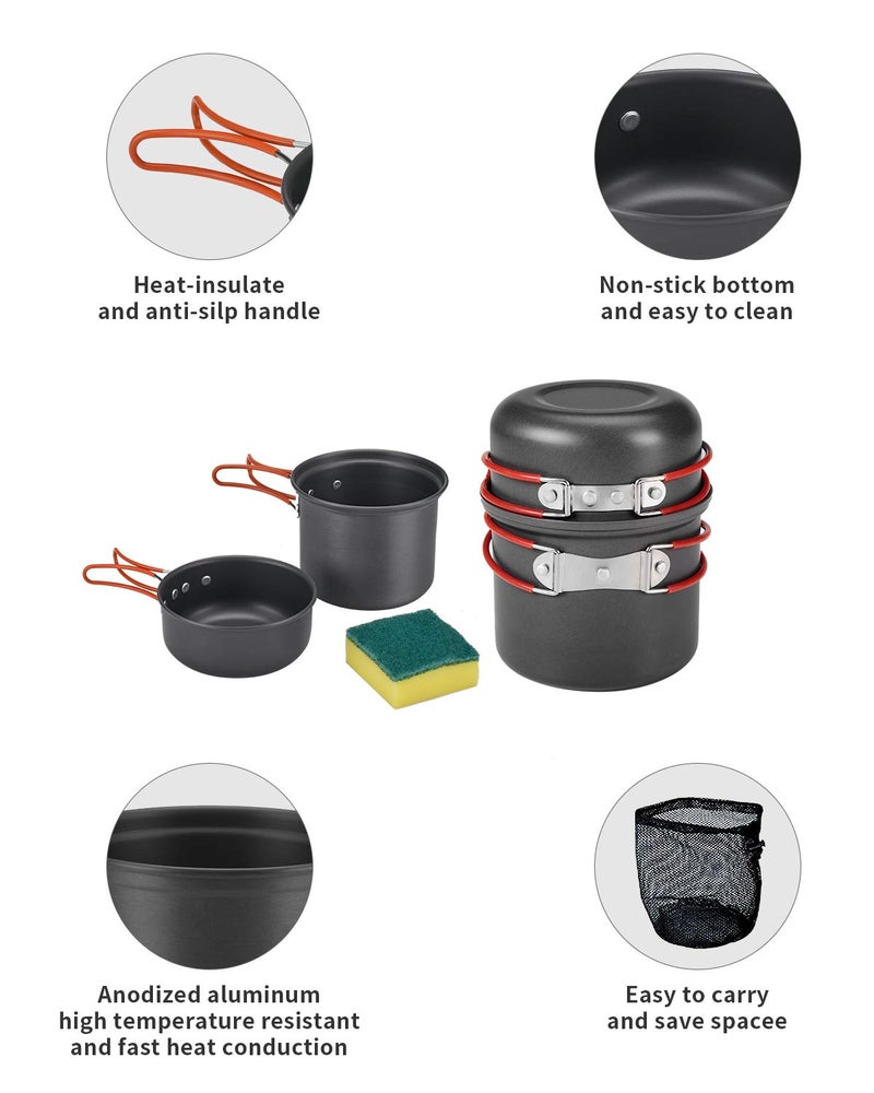 Bulin Camping Cookware Mess Kit, Nonstick Backpacking Cooking Set, Outdoor Cook Gear for Family Hiking, Picnic, Black, 3PC - Image 5