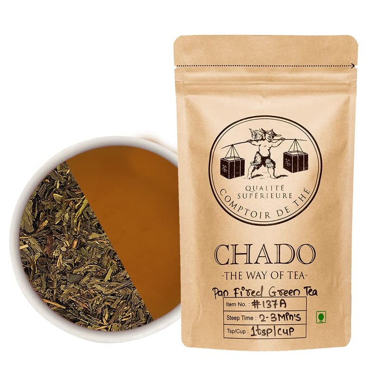 Chado Tea Pan Fired Green Tea (2.5*15=37.5 g Pyramid Tea Bags) |Makes 45 cups |3 Infused |Fresh Green Tea - Image 1