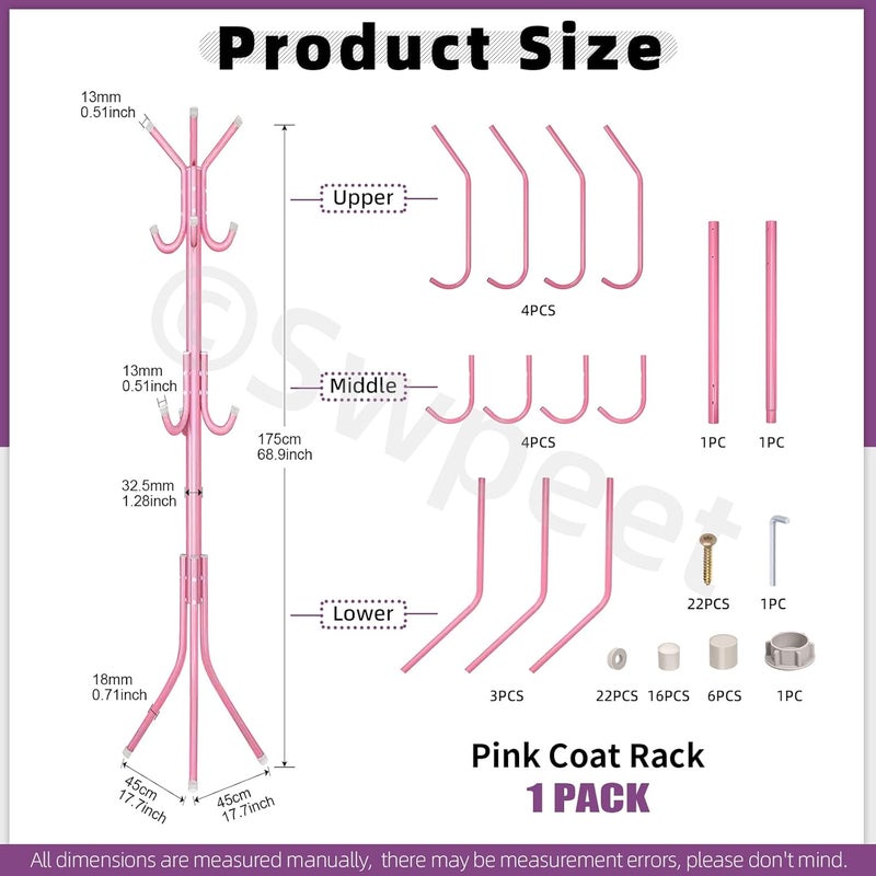 Swpeet 1 Pack 68'' Coat Rack, Freestanding Hat Rack, Clothing Rack, Metal Coat Tree Stand Kit Contains 11 Hook 2 Tube 22 Pipe Sleeve 22 Screw 22 Gasket 1 Pipe Plug 1 Hex Wrench for Jacket, Bag, Pink - Image 2