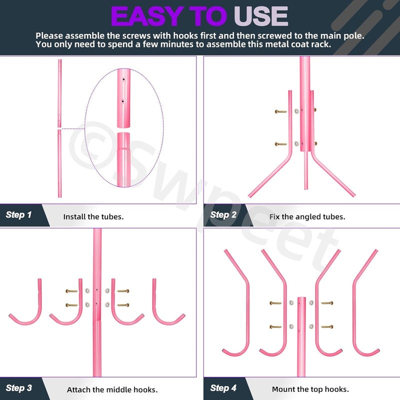 Swpeet 1 Pack 68'' Coat Rack, Freestanding Hat Rack, Clothing Rack, Metal Coat Tree Stand Kit Contains 11 Hook 2 Tube 22 Pipe Sleeve 22 Screw 22 Gasket 1 Pipe Plug 1 Hex Wrench for Jacket, Bag, Pink - Image 4