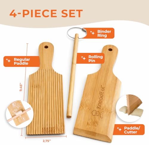 KneadEat Gnocchi Board and Garganelli Maker Set - Bamboo Pasta Board for Homemade Cavatelli, Includes Pasta Roller, Paddles, and Dough Cutter for Italian Cooking - Image 2