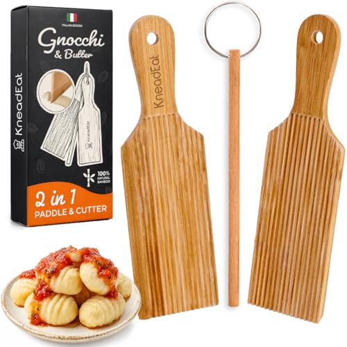 KneadEat Gnocchi Board and Garganelli Maker Set - Bamboo Pasta Board for Homemade Cavatelli, Includes Pasta Roller, Paddles, and Dough Cutter for Italian Cooking - Image 1