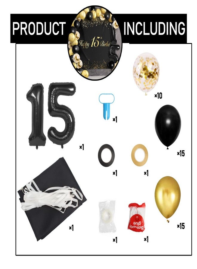 LINGPAR Happy 15th Birthday Balloons Black Set Decor - Cheers to 15 Years Old Party Theme Garland Banner Backdrop Decorations For Boy and Girl Supplies - Image 3
