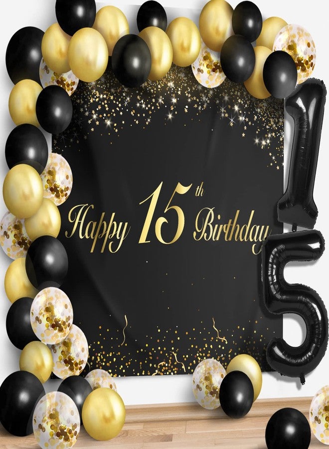 LINGPAR Happy 15th Birthday Balloons Black Set Decor - Cheers to 15 Years Old Party Theme Garland Banner Backdrop Decorations For Boy and Girl Supplies - Image 1
