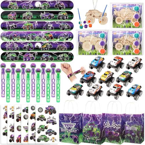 Vanblue 84 Pcs Monster Truck Party Favors Green Purple Truck Car Birthday Decorations Supplies Goodie Bag Stuffers Gift for Boy Party Pinata Filler Classroom Rewards - Image 1