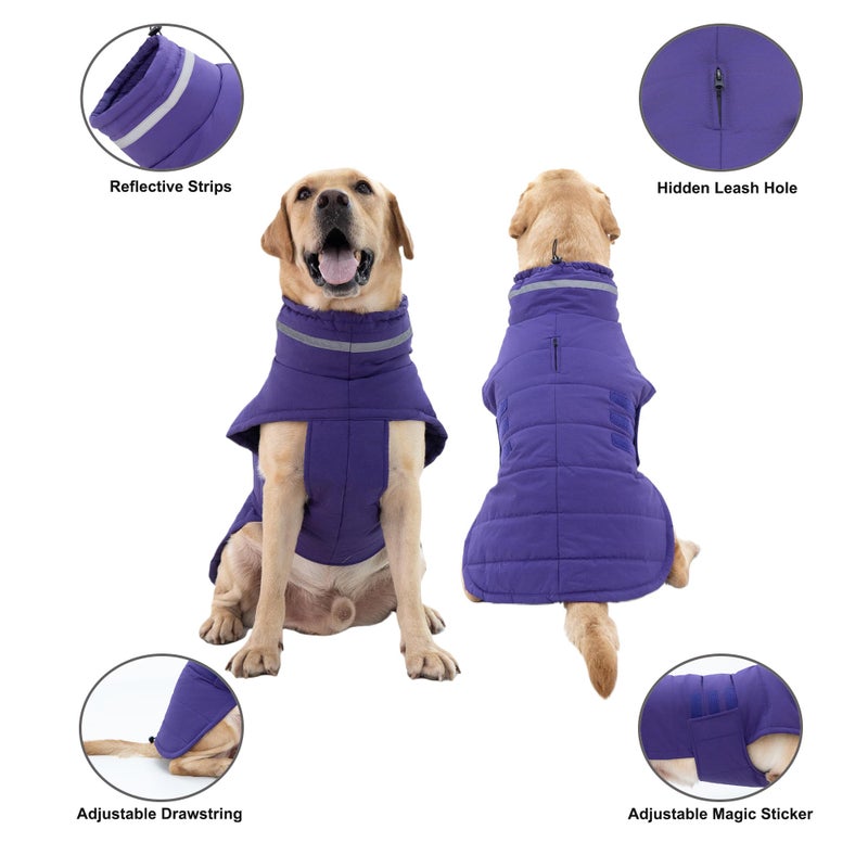 Mklhgty Waterproof Dog Coat for Large Dogs, Warm Dog Winter Jacket, Reflective Windproof Turtleneck Coats with Adjustable Hook & Loop - Purple - XL - Image 3