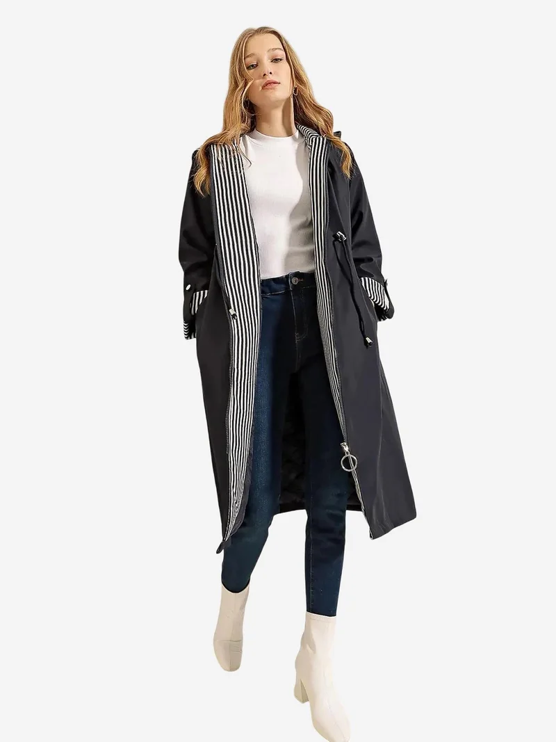 بيغ دارت BDART Hooded Striped Long Trench Coat with Drawstring Waist