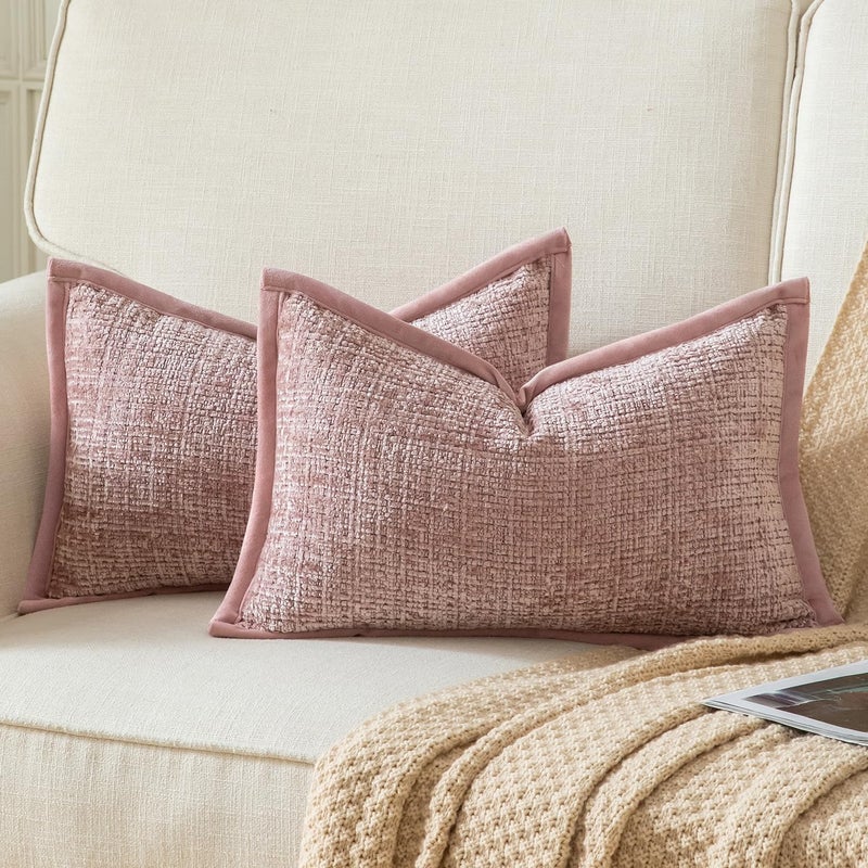 Yaertun Pack of 2 Chenille Textured Decorative Throw Pillow Covers Accent Solid Cushion Cover Soft Cozy Pillow Case with Velvet Back for Couch Sofa Bed Living Room 12x20 Inch Dusty Pink - Image 1
