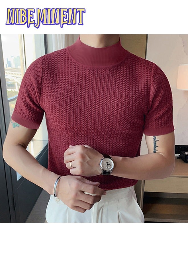 NIBEMINENT Turtleneck Chic Elegant T-shirt, Men's Casual Short Sleeve Shirt For Summer Dating Dinner - Image 3