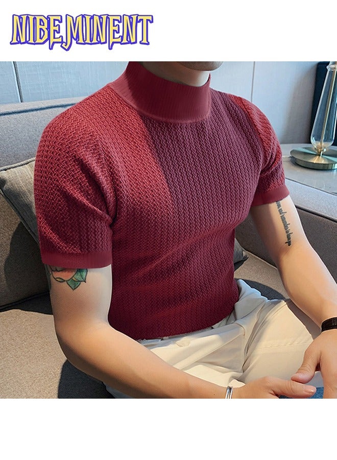 NIBEMINENT Turtleneck Chic Elegant T-shirt, Men's Casual Short Sleeve Shirt For Summer Dating Dinner - Image 4