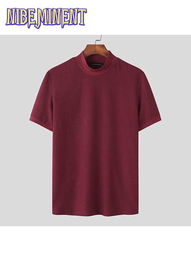 NIBEMINENT Turtleneck Chic Elegant T-shirt, Men's Casual Short Sleeve Shirt For Summer Dating Dinner - Image 2