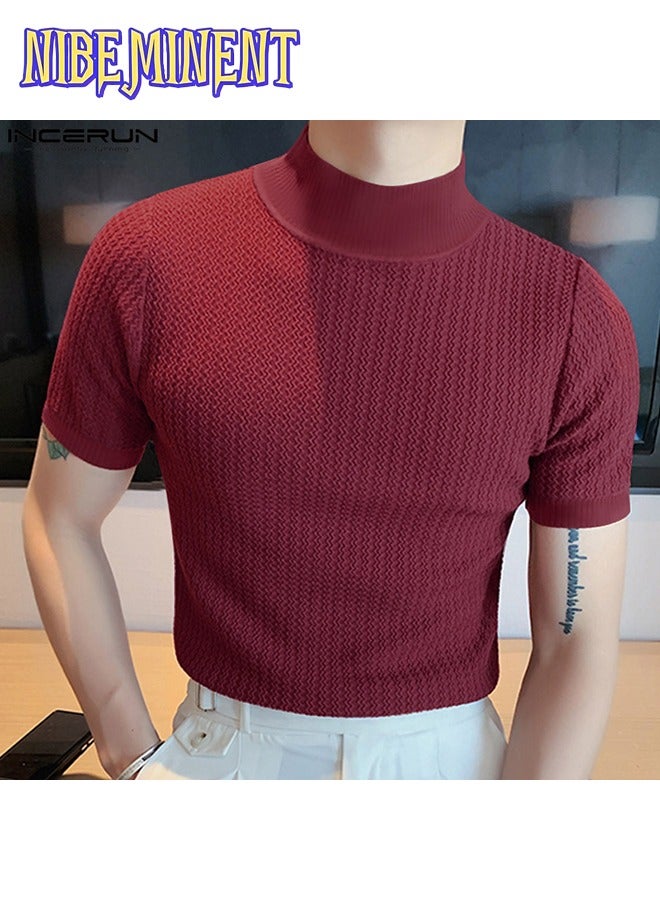 NIBEMINENT Turtleneck Chic Elegant T-shirt, Men's Casual Short Sleeve Shirt For Summer Dating Dinner - Image 1